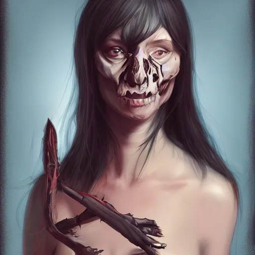 Prompt: Female death. Holding a head. kodachrome, high contrast, highly detailed, sharp focus, digital painting, concept art, illustration, trending on artstation