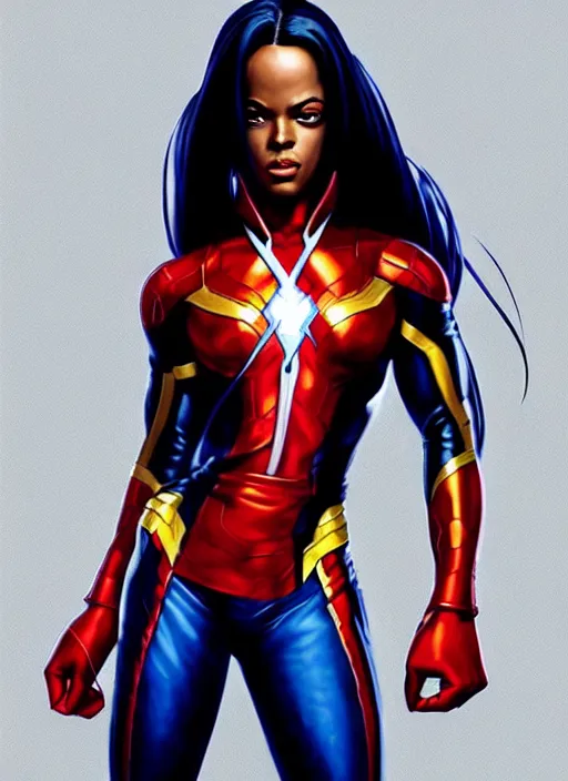 Image similar to full body portrait of marvel cinematic universe aaliyah haughton, x - men, storm, elegant, electricity archs, lightning strikes, rippling electromagnetic, highly detailed!! digital painting, artstation, glamor pose, concept art, sharp focus, illustration, art by artgerm and greg rutkowski, artey freytag