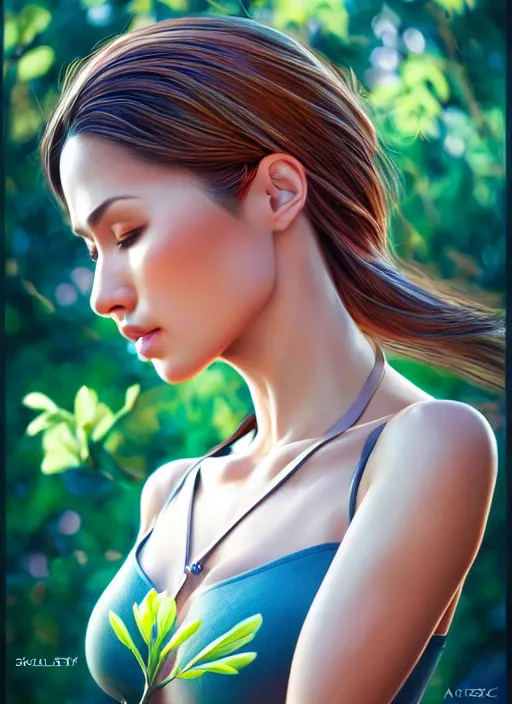 Prompt: photo of a gorgeous female in the style of stefan kostic, realistic, half body shot, sharp focus, 8 k high definition, insanely detailed, intricate, elegant, art by stanley lau and artgerm, extreme bokeh light spring foliage