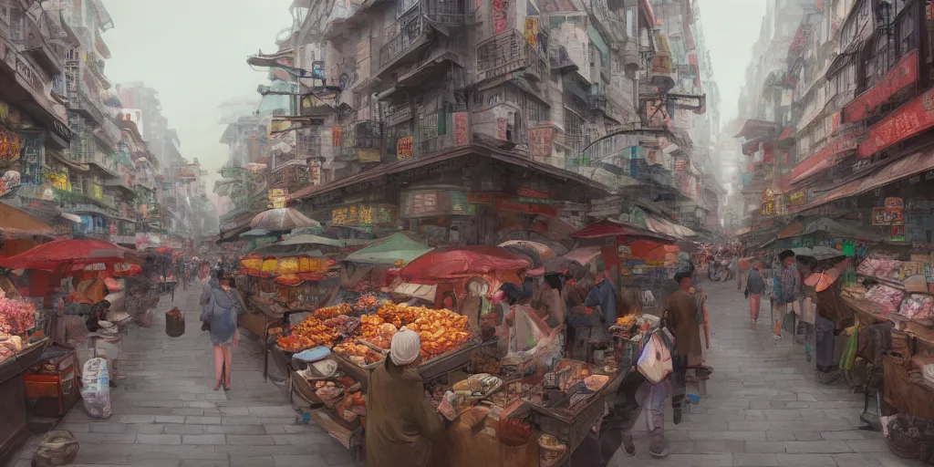Prompt: morning market in chinatown, slightly foggy day, matte painting, studio ghibli, artstation