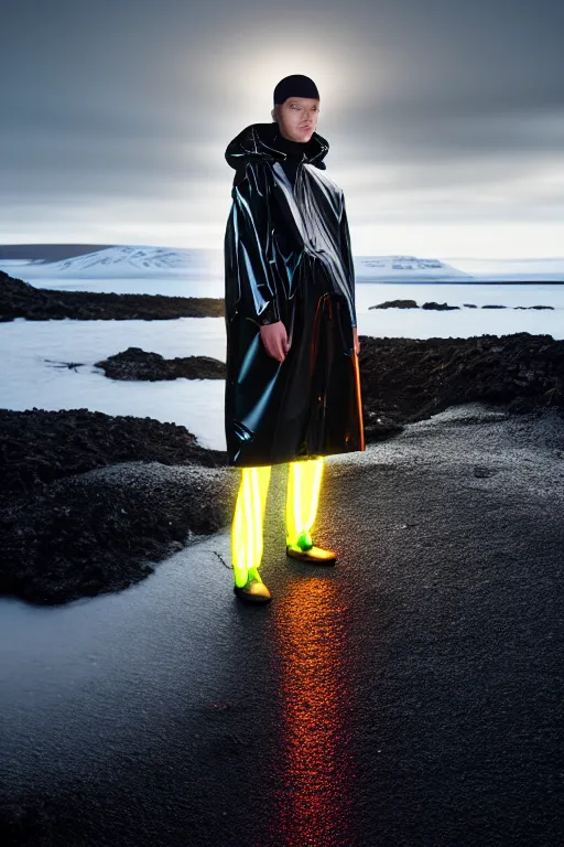 Image similar to an ultra high definition professional high fashion portrait studio full length photograph of a model wearing a transparent pearlescent raincoat and neon visor in an icelandic black rock environment at dawn. no artefacts. extremely detailed. stark. refraction. shallow depth of field. volumetric light and shadow. ray tracing. light rays.