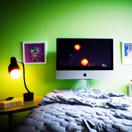 Image similar to small room in tokyo, window open, dawn, hiccup sitting at computer, green glow on monitor's face, walls covered with anime posters, lots of appliances on shelves, small bed not made, hyper realism, photo realism, hyper details, soft light, soft shadows, blurred photo