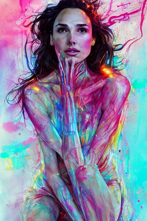 Image similar to gal gadot by agnes cecile enki bilal moebius, intricated details, sitting on a stool, full body portrait, extremely luminous bright design, pastel colours, drips, autumn lights