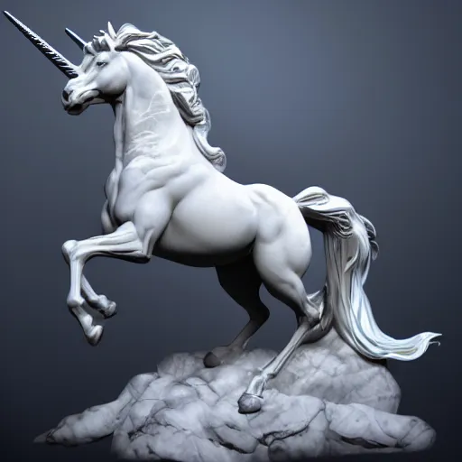 Image similar to galloping muscular winged unicorn, marble statue,bernini masterpiece, photorealistic, high resolution, award winning, trending on artstation, moon, highly detailed, night, volumetric lighting