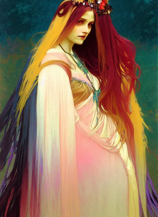 Image similar to ombre velvet gown, feathers, vivid colors, lovely dark autumn princess, portrait, long hair, tiara, jeweled choker, by alphonse mucha, brom, greg rutkowski, anato finnstark