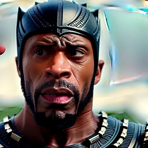 Image similar to cinematic still of kirk lazarus from tropic thunder as black panther