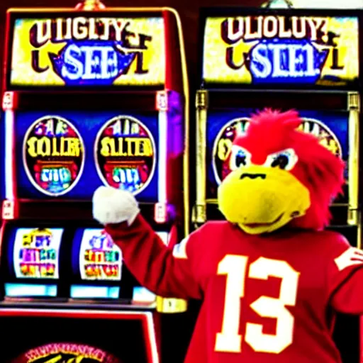 Image similar to college university mascot that is themed around a slot machine