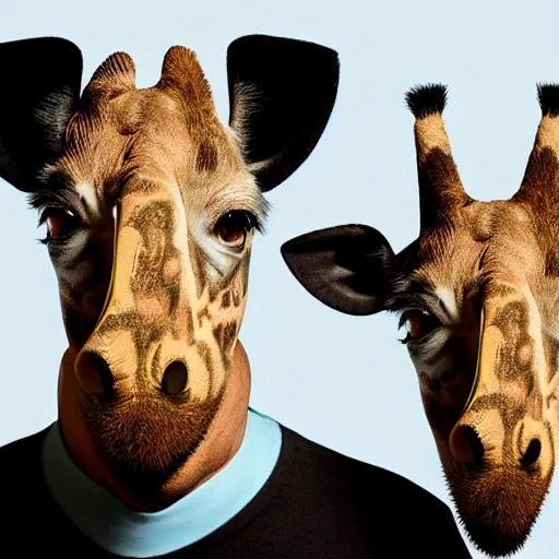 Prompt: a man with a giraffe snout attached to his face, realistic portrait