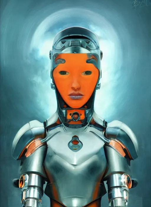 Image similar to ( ( symmetry ) ) closeup portrait of a stunning cyborg girl ( ( ( crying in tears ) ) ), armor set, strong cinematic light, backlit, teal orange, viscous volumetric smoke, mist, by gerald brom, by mikhail vrubel, by peter elson, muted colors, extreme detail, trending on artstation, 8 k