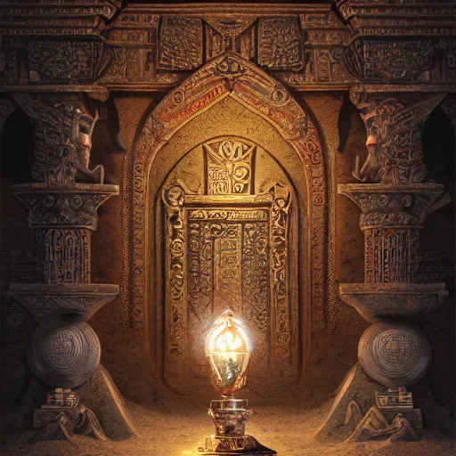 Prompt: !dream epic view of an ancient dark byzantine interior, ornate oil lamp on a pile of crystals, books covered in jewels, ornate, surrounded by strange statues and treasure, full of sand and dust, hyper real, Indiana Jones, Tomb Raider, trending on artstation, concept art, cinematic, jewels, by Greg Rutkowski