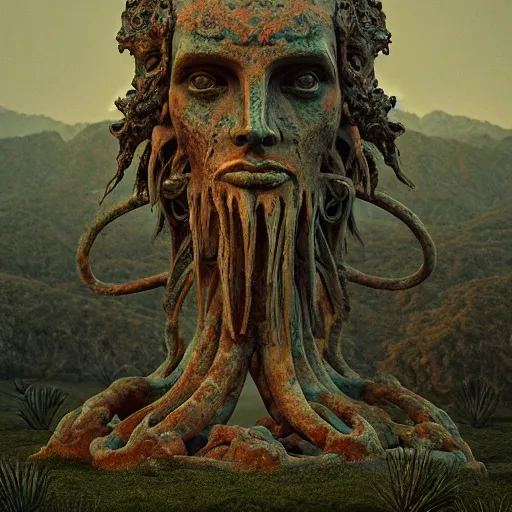 Prompt: ancient dead god being in desolate and lush landscape, moody :: by James Jean, Jeff Koons, Dan McPharlin Daniel Merrian :: ornate, dynamic, particulate, rich colors, intricate, elegant, highly detailed, centered, artstation, smooth, sharp focus, octane render, 3d