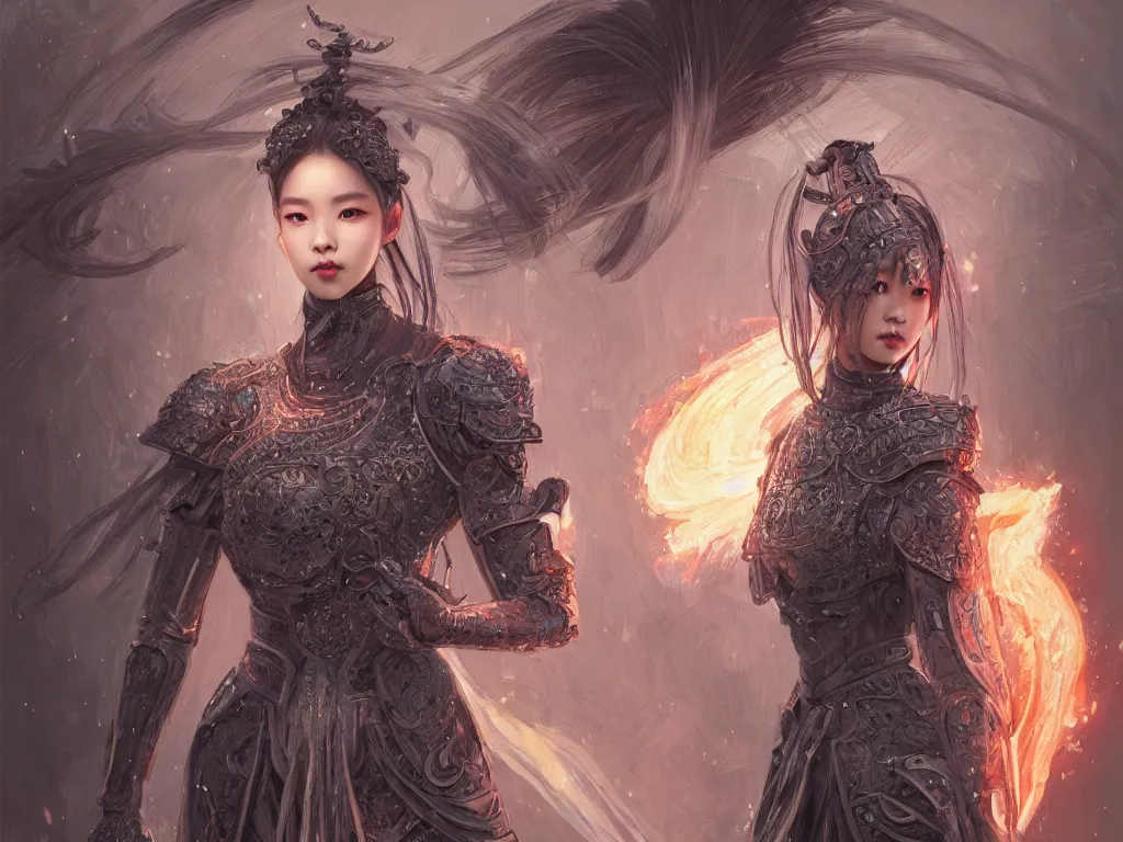 Image similar to portrait jisoo blackpink, grey hair armored samurai clothes, in fire japanese temple wet night, ssci - fi and fantasy, intricate and very very beautiful and elegant, highly detailed, digital painting, artstation, concept art, smooth and sharp focus, illustration, art by tian zi and wlop and alphonse mucha