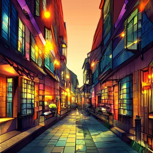 Image similar to beautiful anime scenery, city street at dusk