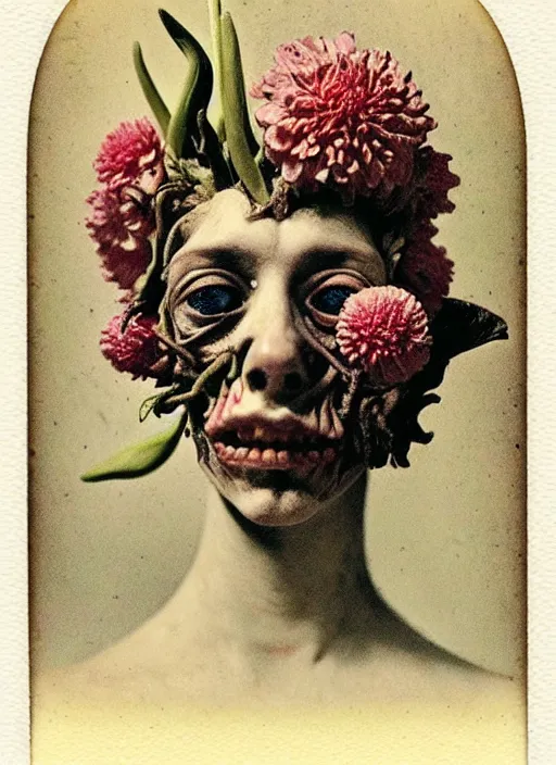 Image similar to beautiful and detailed rotten woman made of plants and many types of flowers like carnation, chrysanthemum and tulips, anatomical, 🫀, intricate, organs, ornate, surreal, john constable, guy denning, gustave courbet, caravaggio, romero ressendi 1 9 1 0 polaroid photo