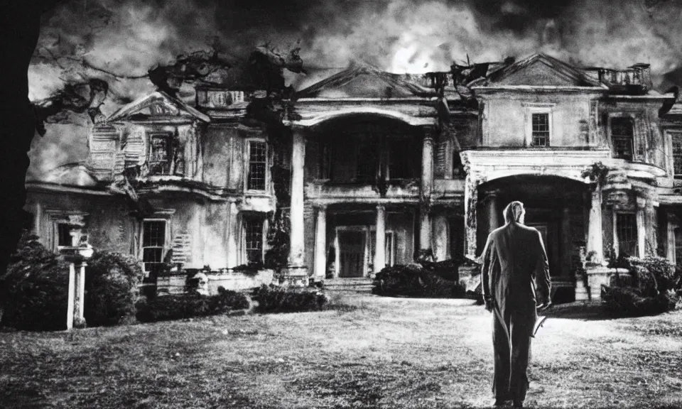 Image similar to 35mm film still, Resident evil, Donald trump in front of mansion, zombie, spooky, horror, old, dirty, reversal film stock