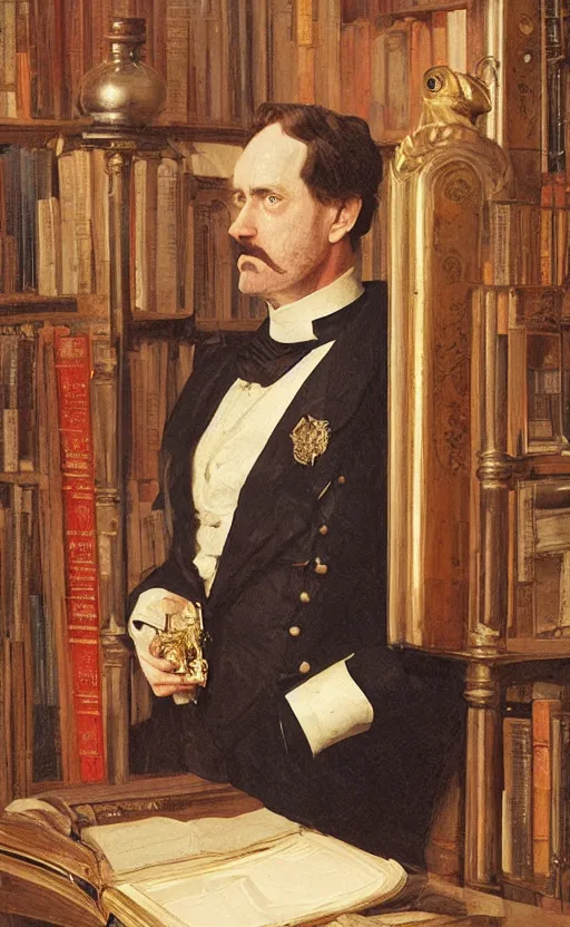 Prompt: official colour portrait of a victorian noble in front of a bookcase, detailed face, 19th century, highly detailed, cinematic lighting, digital art painting by greg rutkowski