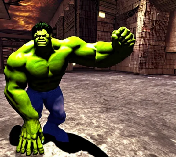 Prompt: hulk in the videogame doom, screenshot