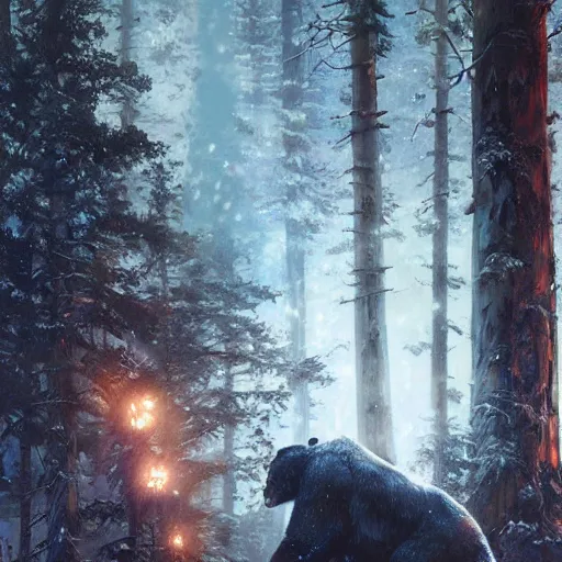 Image similar to dark scene of a giant bear, surrounded by glowing eyes in the snowy forest, realistic shaded lighting poster by ilya kuvshinov katsuhiro otomo, magali villeneuve, artgerm, jeremy lipkin and michael garmash and rob rey