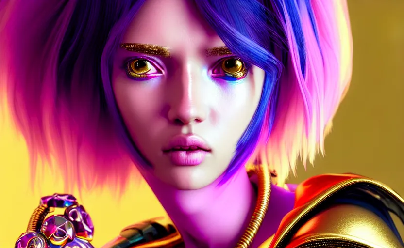 Image similar to hyperdetailed portrait of a stunningly beautiful cyberpunk cutie european girl with short dark hair guard made of iridescent metals and shiny pink gems, bright rainbow nimbus, gold necklace, gold background inspired by ross tran and masamune shirow and kuvshinov, intricate, photorealistic, octane render, rtx, hdr, unreal engine, dnd digital art by artgerm