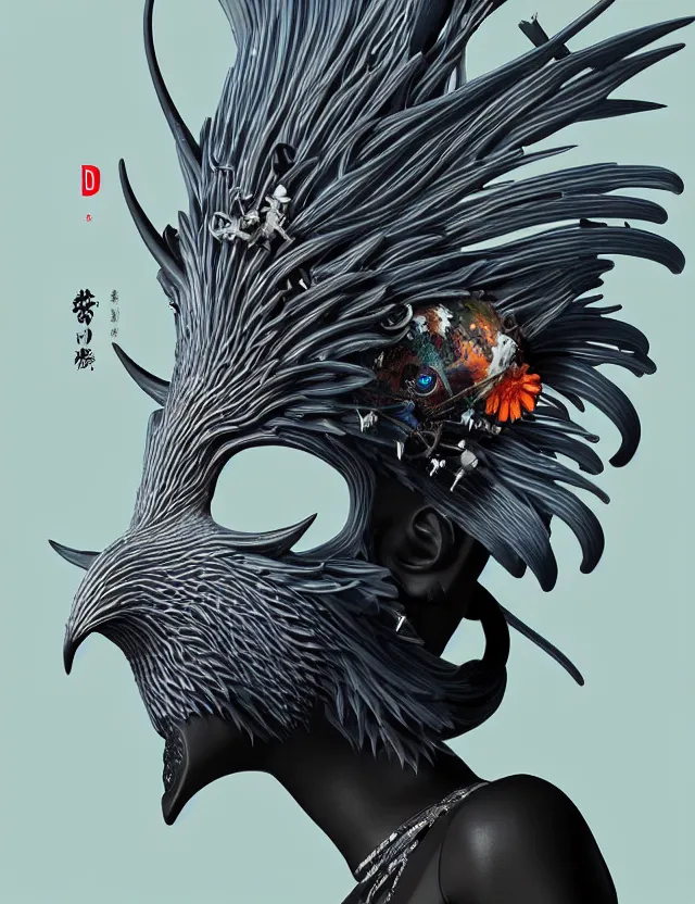 Image similar to 3 d goddess close - up profile simple portrait punk with mohawk with goat skull. beautiful intricately detailed japanese crow kitsune mask and clasical japanese kimono. betta fish, jellyfish phoenix, bio luminescent, plasma, ice, water, wind, creature, artwork by tooth wu and wlop and beeple and greg rutkowski