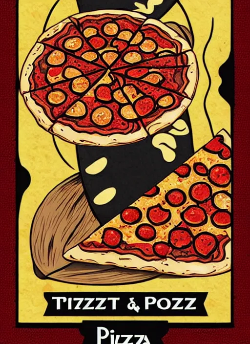 Prompt: tarot card of pizza, meaning tasty food, high quality image, modern digital art, stylish, black and red