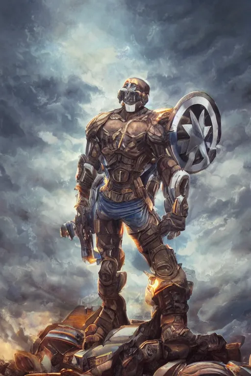 Image similar to a full body shot from distance of a super soldier with a Ukrainian blue and yellow stripes flag standing in the beam of light from the clouds on a pile of skulls and rotten cars as a winner, masculine figure, D&D, fantasy, intricate, elegant, highly detailed, digital painting, artstation, concept art, matte, sharp focus, symmetrical, illustration, hyperrealistic, art by Artgerm and Greg Rutkowski and Alphonse Mucha