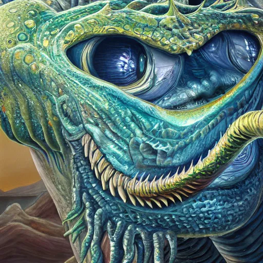 Prompt: intricate five river monster, oil on canvas, hdr, high detail, photo realistic, hyperrealism, surrealism, cinematic, matte finish, high contrast, 3 d depth, centered, masterpiece, vivid and vibrant colors, enhanced light effect, enhanced eye detail, artstationhd