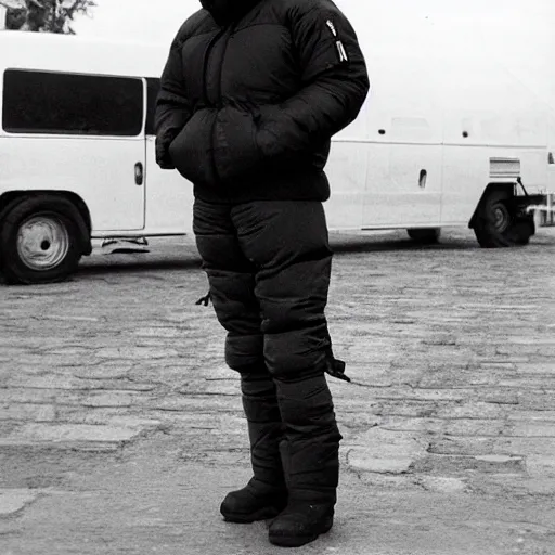 Prompt: john paul ii standing in a black puffed nuptse, black cargo pants and high black boots