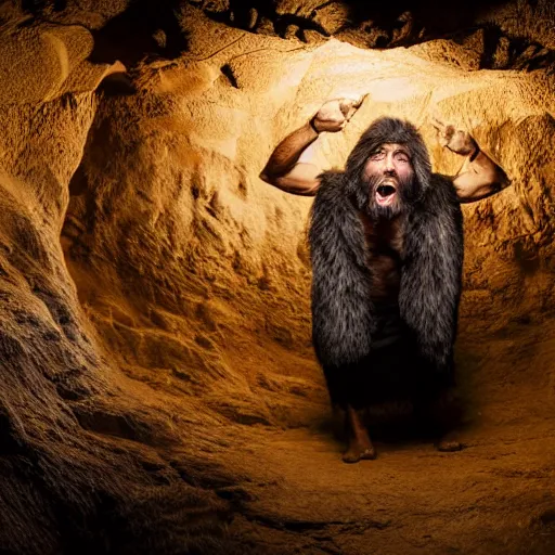 Prompt: Photo portrait Joe Rogan as a wax neanderthal cave man exaggerated brow wrapped in fur cloak screaming like a savage in the natural history museum in a replica of a cave environment dramatic lighting 85mm lens by Steve McCurry