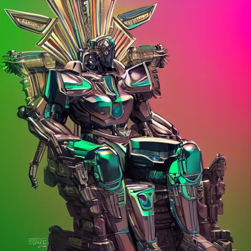 Prompt: Greek God in Mecha style, seated on a throne, high camera angle, in the graphic style of Matt Sanz and DC Comics, hyper detailed, trending on artstation, green glow