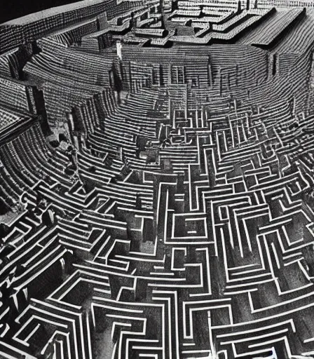 Prompt: a maze photographed by berne becher and hilla becher