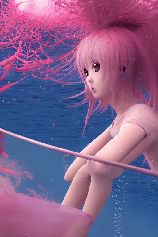 Image similar to 3d realistic dramatic infrared photo of two anime schoolgirls with a realistic face falling down from huge japanese bridge under water. Close-up portrait. There are pink palm trees and translucent glow jellyfish flying around. Volumetric composition. Pastel colors in the style of Hiro Kiyohara, redshift, octane, trend artstation, cinematic, hyper realism, high detail, 8k