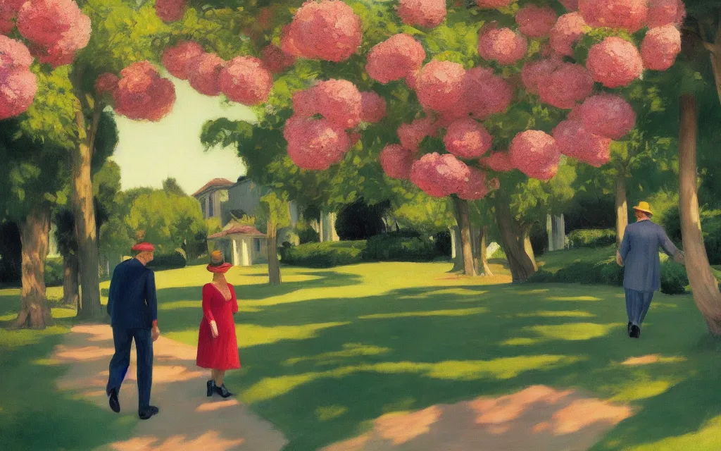 Image similar to an elderly couple walking from behind under an avenue of roses, in the background a small house surrounded by trees and flowers, sunset, highly detailed, cinematic lighting, perfect composition, 4 k, edward hopper