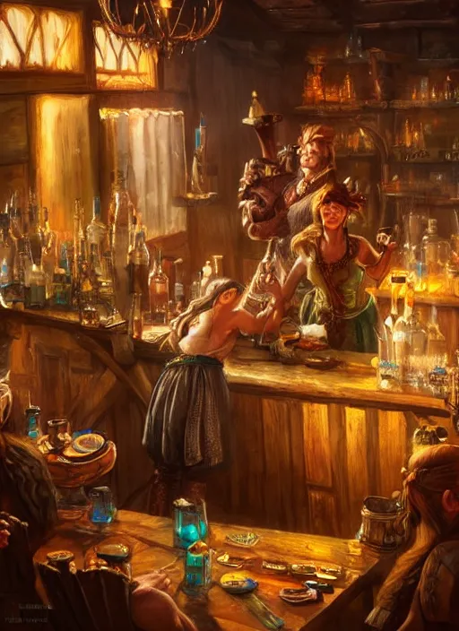 Prompt: barkeep in a tavern, ultra detailed fantasy, dndbeyond, bright, colourful, realistic, dnd character portrait, full body, pathfinder, pinterest, art by ralph horsley, dnd, rpg, lotr game design fanart by concept art, behance hd, artstation, deviantart, hdr render in unreal engine 5