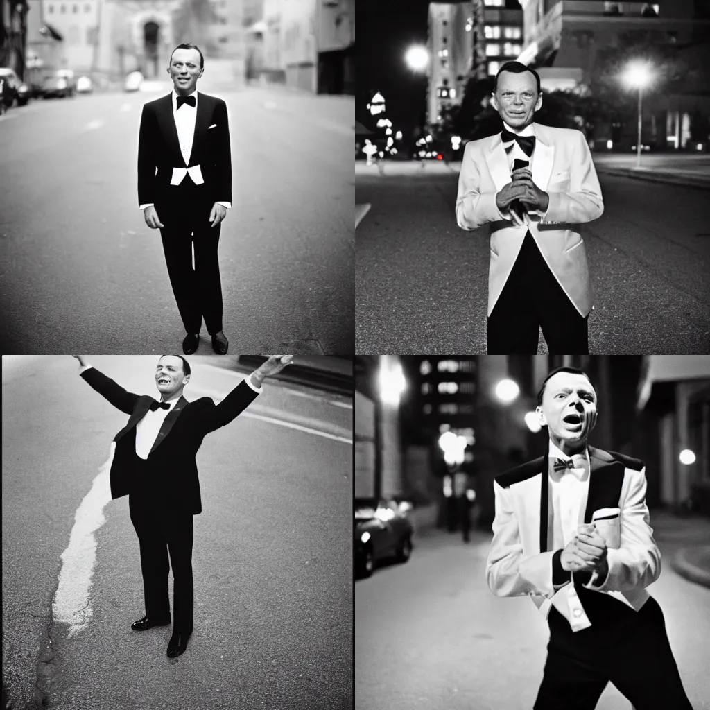 Prompt: A medium shot portrait of Frank Sinatra in a tuxedo, dancing under the moonlight in an empty street, 85mm, F 1.8, Rollei Blackbird, by Wes Anderson,