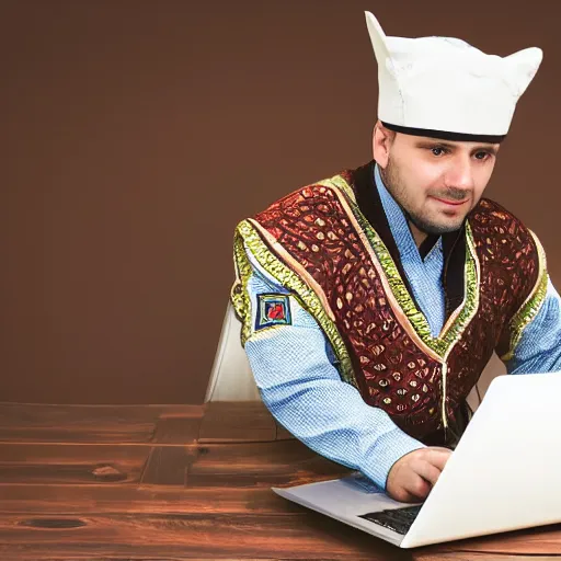 Prompt: typical IT specialist in traditional tatar outfit, working on a laptop while sitting on a horse, horse has Opel logo printed on it.