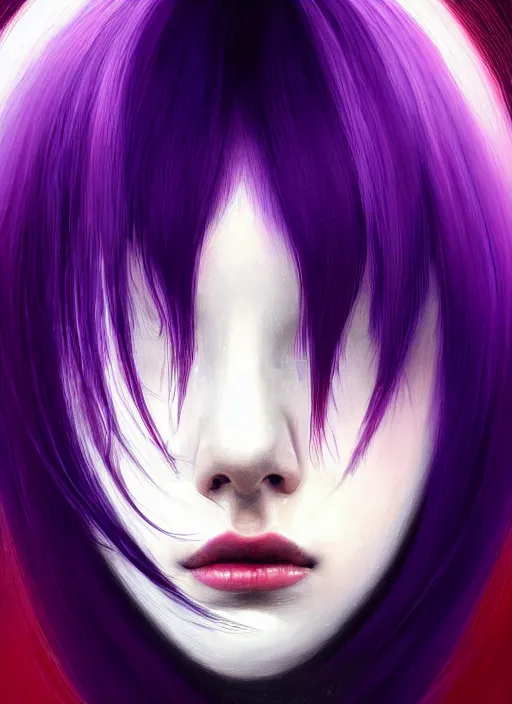 Image similar to hair whitebangs hair, black hair, blackbangswhitehair, portrait of teenage girl with white bangs, red irises, purple clothes, white bangs, bangs are different color from hair, intricate, elegant, glowing lights, highly detailed, digital painting, artstation, concept art, sharp focus, illustration, art by wlop, mars ravelo and greg rutkowski