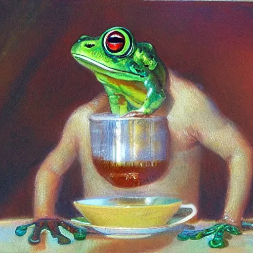 Prompt: 🐸 drinking ☕ by james gurney.