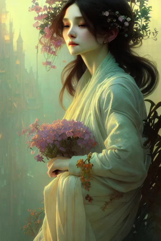 Prompt: beautiful aerite, portrait in the center of the face, home care, gentle, thoughtful, fog, snow, volumetric lighting, soft light particles floating next to her, illustration, perfectly shaded, often painted, works by krenz kushart and wenjun lin, alphonse mucha