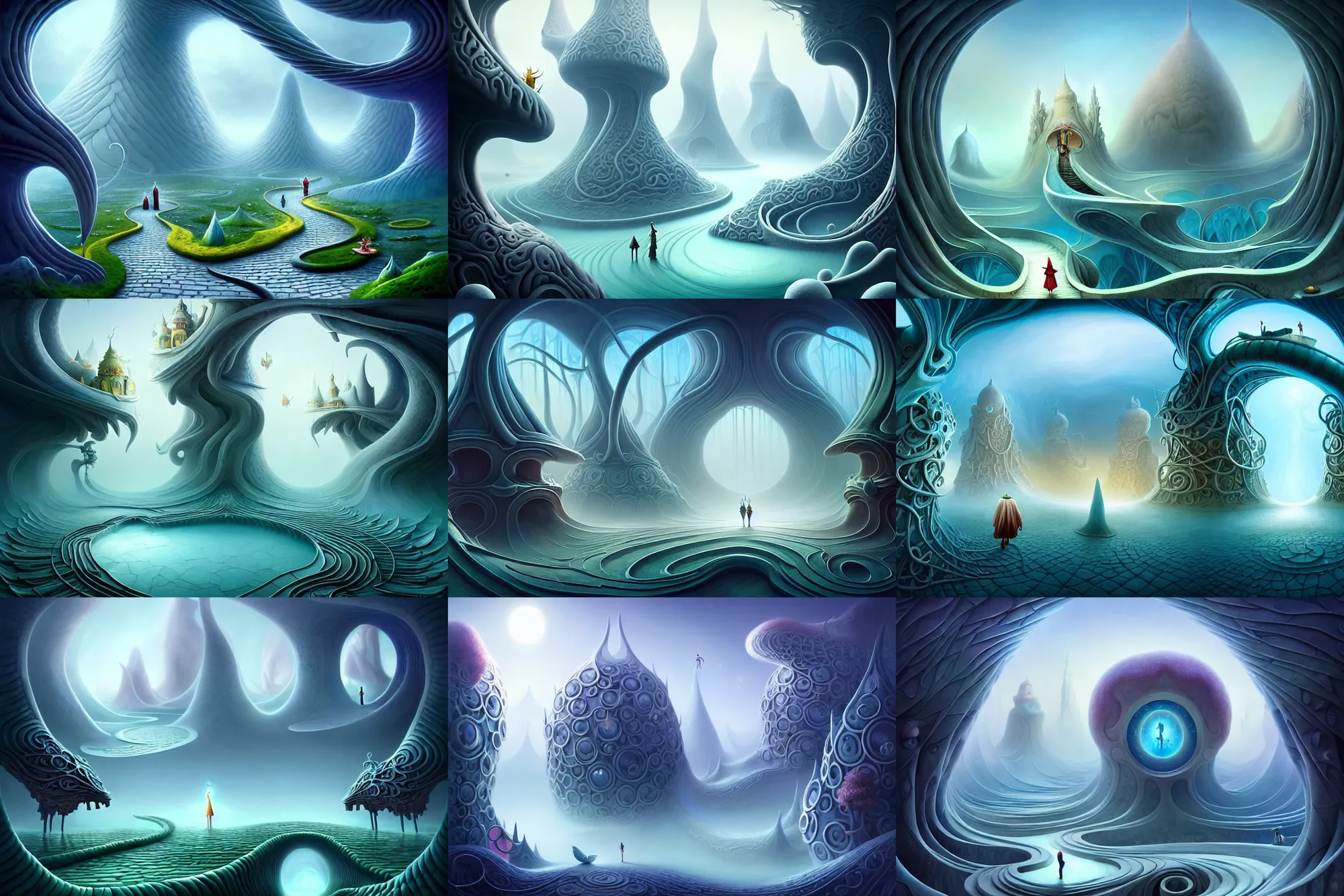 Prompt: an epic elite mysterious whimsical masterpiece fantasy matte painting of a winding path through arctic dream worlds with surreal architecture designed by heironymous bosch, structures inspired by heironymous bosch's garden of earthly delights, surreal ice interiors by cyril rolando and asher durand and natalie shau, insanely detailed and intricate, very complex, elegant
