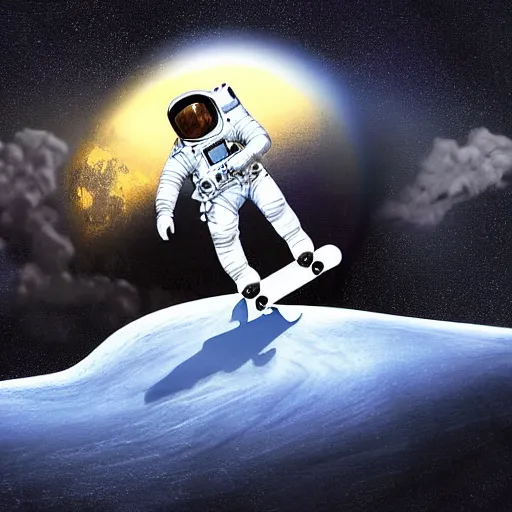 Prompt: an astronaut is skating on the moon digital art