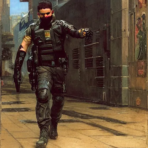 Prompt: Maria evades sgt rhodes. Cyberpunk hacker escaping Menacing Cyberpunk police trooper wearing a combat vest. Rainy streets (dystopian, police state, Cyberpunk 2077, bladerunner 2049). Iranian orientalist portrait by john william waterhouse and Edwin Longsden Long and Theodore Ralli and Nasreddine Dinet, oil on canvas. Cinematic, vivid colors, hyper realism, realistic proportions, dramatic lighting, high detail 4k