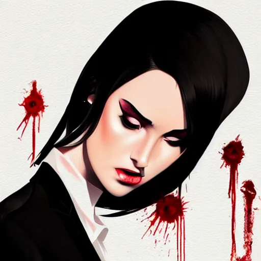 Image similar to young professional killer female in black tuxedo, stained with blood, muted colors, matte print, pastel colors, 2d, ultra highly detailed, smooth, sharp focus, digital art, digital painting, fan art, elegant, artstation, head is centered, by Ilya Kuvshinov