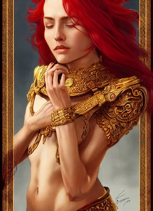 Prompt: !! fullbody!! dynamic movement pose, beautiful woman with red hair, byzantine noble, gold jewellery, dnd, face, fantasy, intricate, elegant, highly detailed, digital painting, artstation, concept art, smooth, sharp focus, illustration, art by artgerm and greg rutkowski and alphonse mucha