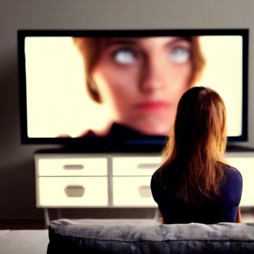 Image similar to Over the shoulder shot of a woman watching tv at night. The T.V. is illuminating a disturbing grey figure.