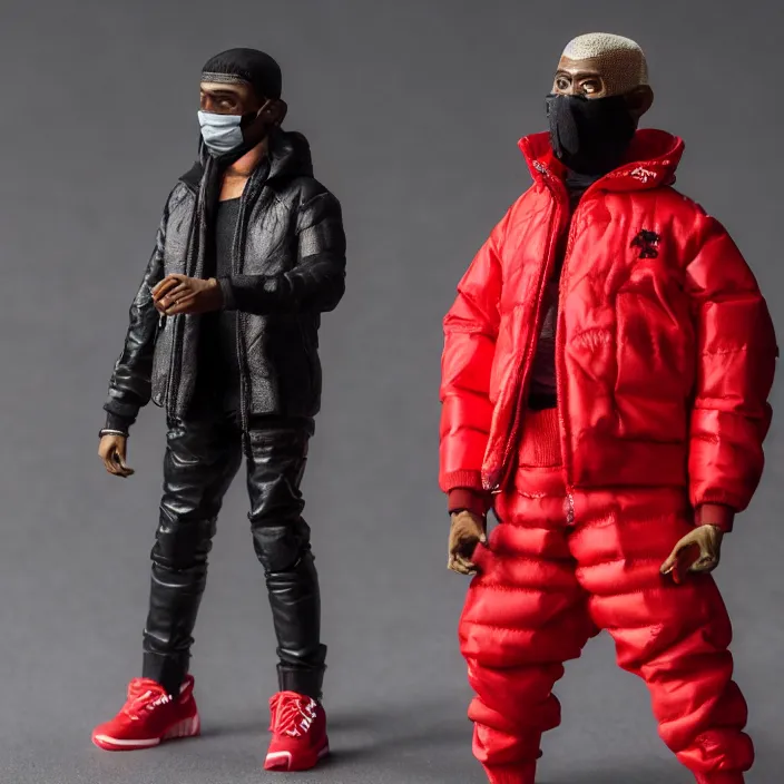 Image similar to a action figure of kanye west using full face - covering black mask with small holes. a small, tight, undersized reflective bright red round puffer jacket made of nylon. a shirt underneath. red nylon reflective pants. a pair of red shoes, figurine, detailed product photo, 4 k, realistic, acton figure, studio lighting, professional photo