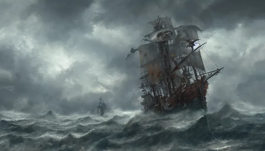 Prompt: Pirate ship flying in the stormy sky, hyperdetailed, artstation, cgsociety, 8k