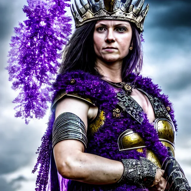 Image similar to photo of a beautiful strong warrior queen wearing amethyst encrusted armour, highly detailed, 4 k, hdr, smooth, sharp focus, high resolution, award - winning photo