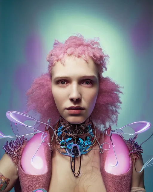 Prompt: natural light, soft focus portrait of a cyberpunk anthropomorphic anemone with soft synthetic pink skin, blue bioluminescent plastics, smooth shiny metal, elaborate ornate jewellery, piercings, skin textures, by annie leibovitz, paul lehr
