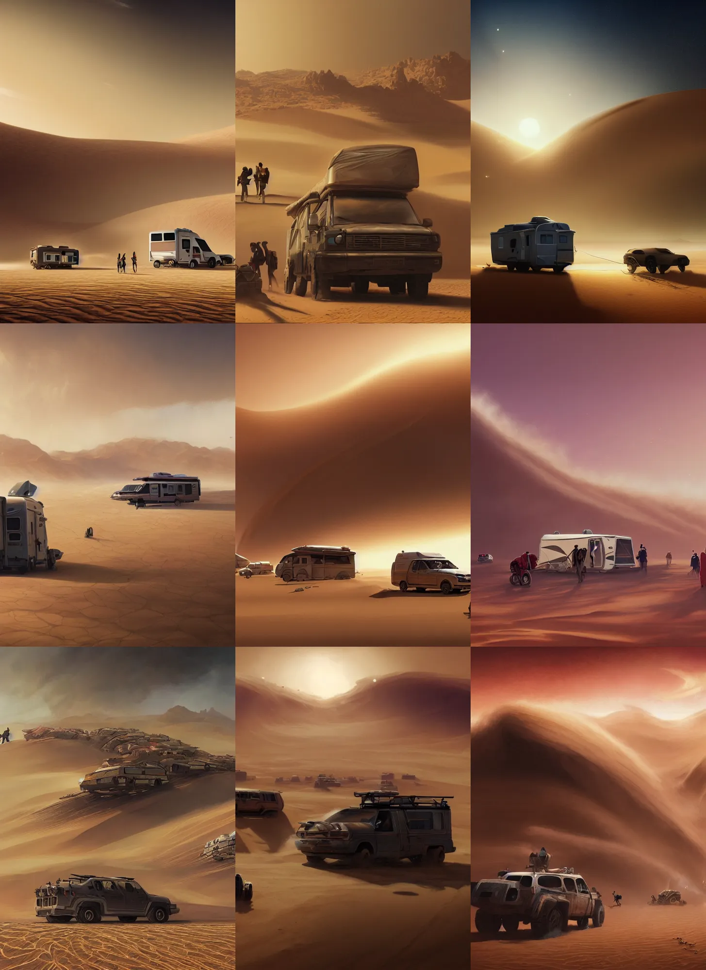 Prompt: an epic cinematic beautiful digital wallpaper of people preparing their caravan on the desert to survive the giant sandstorm coming in the background, artwork by john harris, trending on artstation